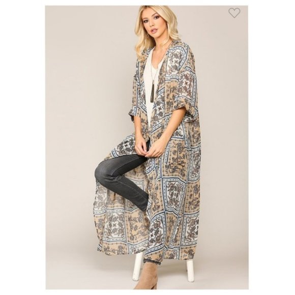 Boho Windowpane Floral Print Long Kimono w/Pockets - Picture 7 of 10